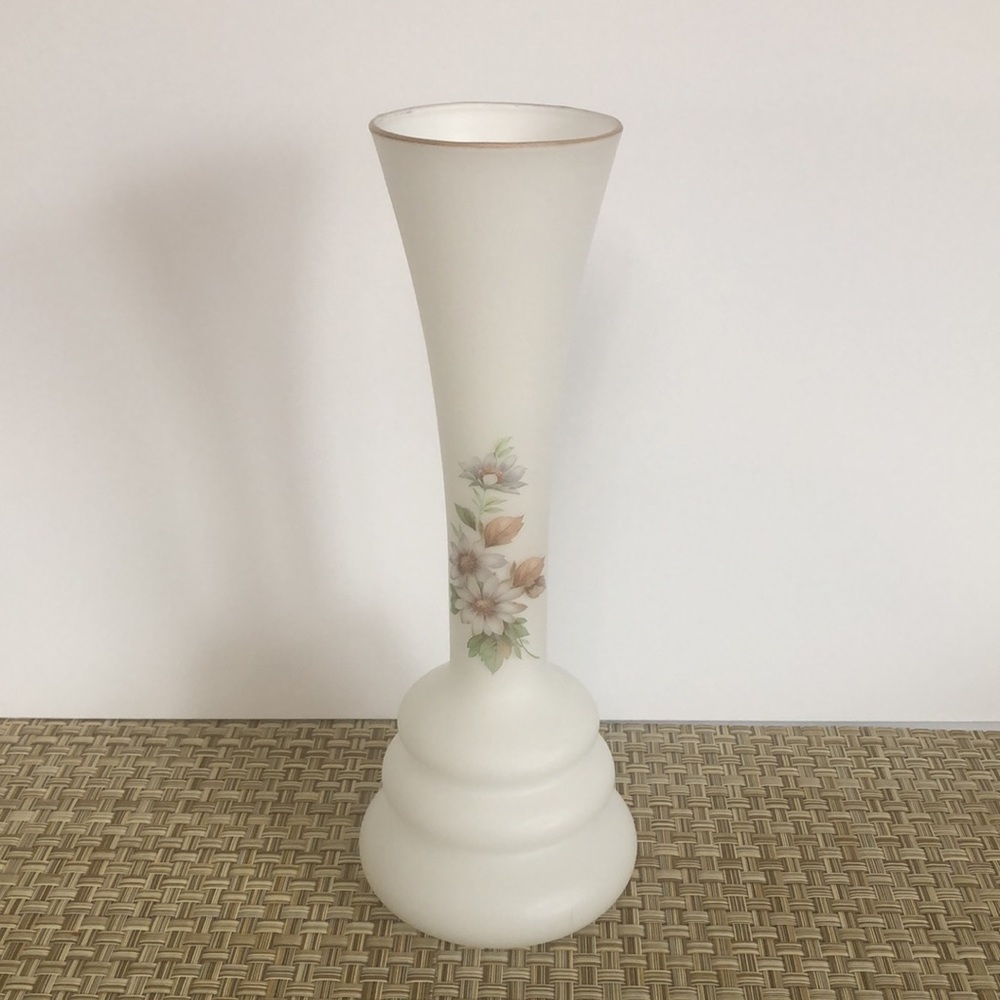 Vintage White Frosted Glass Floral Tall Vase